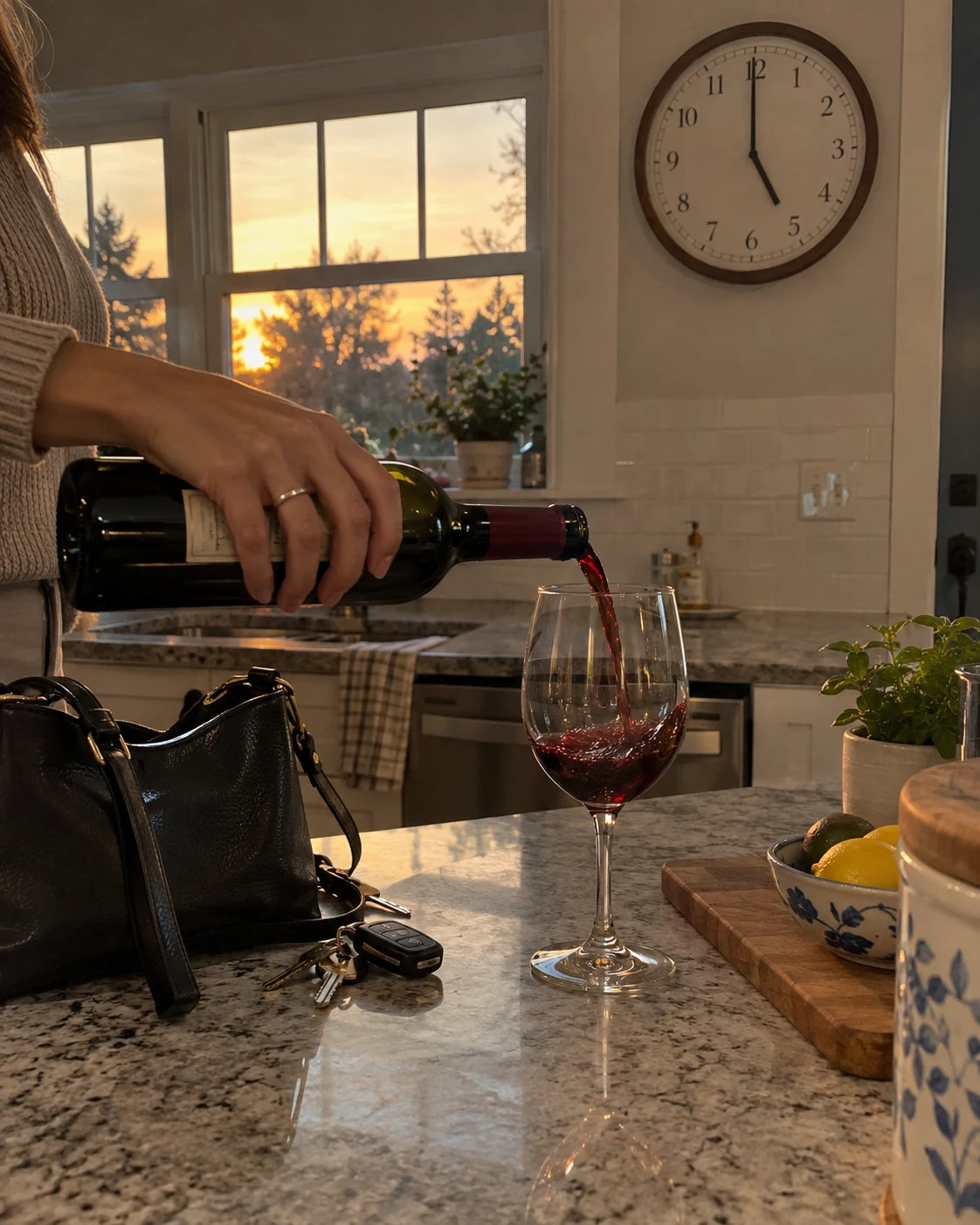 Hand pouring a second glass of wine at a kitchen counter at night
