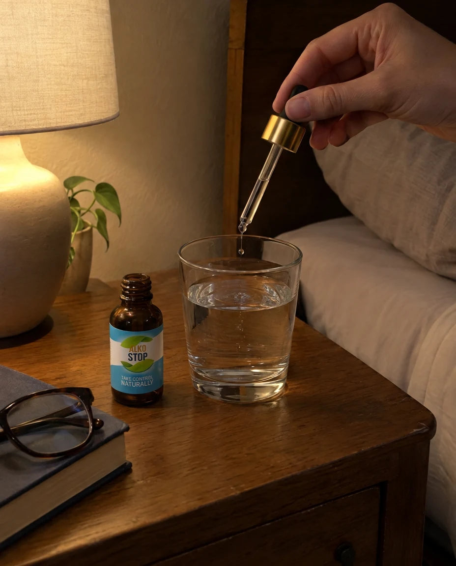 Hand holding an AlkoStop dropper with a drop falling into a glass of water on a nightstand at night