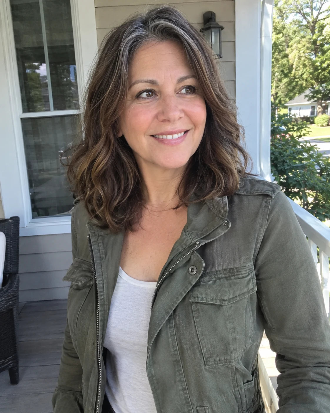 Woman smiling on a sunlit porch, visibly lighter and relaxed