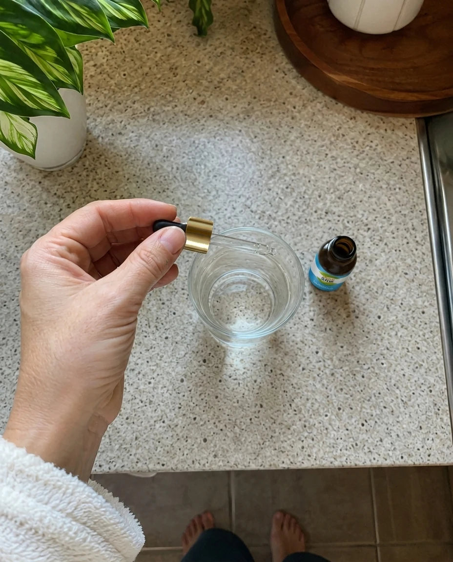 Hand holding an AlkoStop dropper over a glass of water on the counter