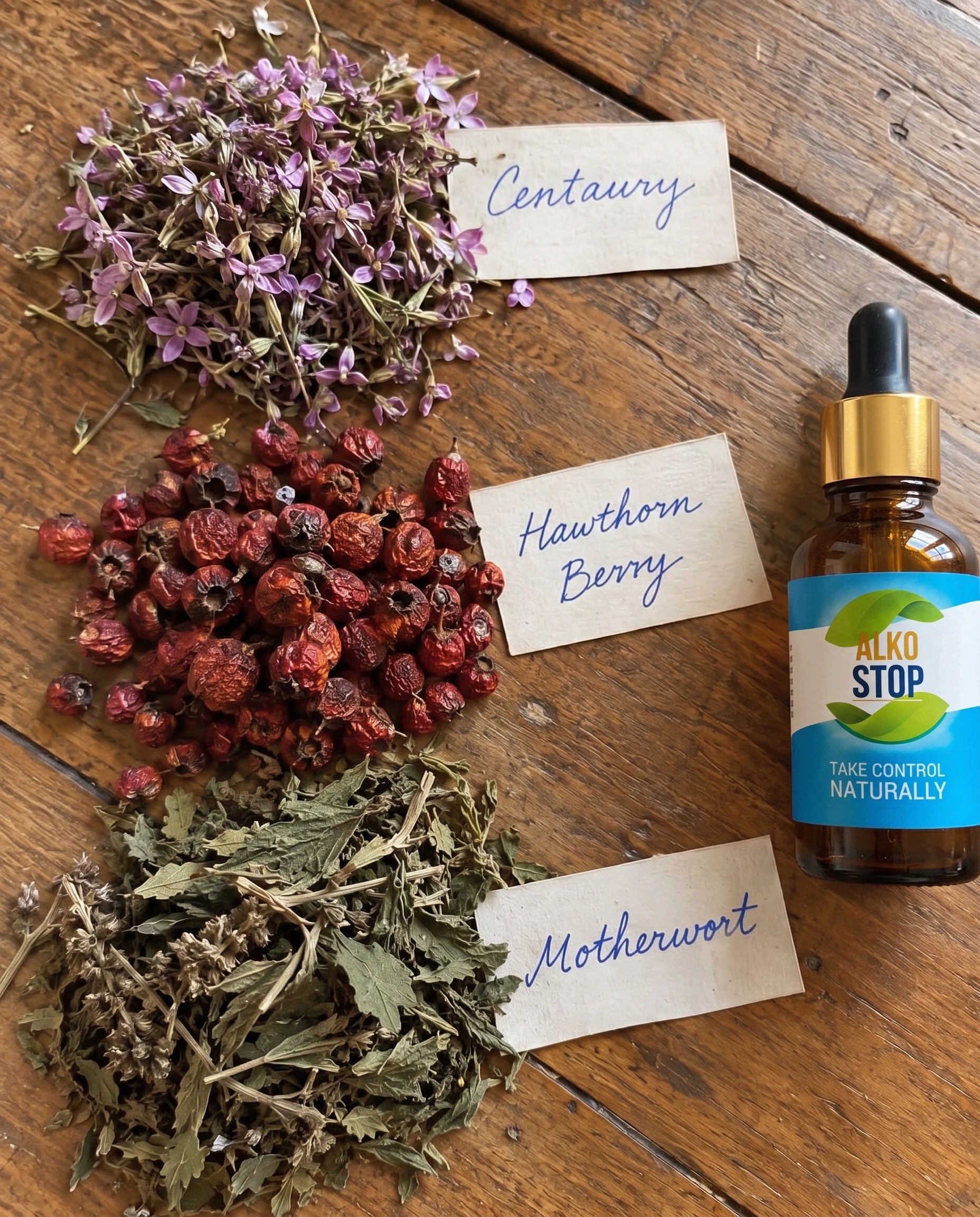 Centaury, Hawthorn, and Motherwort laid out with handwritten tags around the AlkoStop bottle