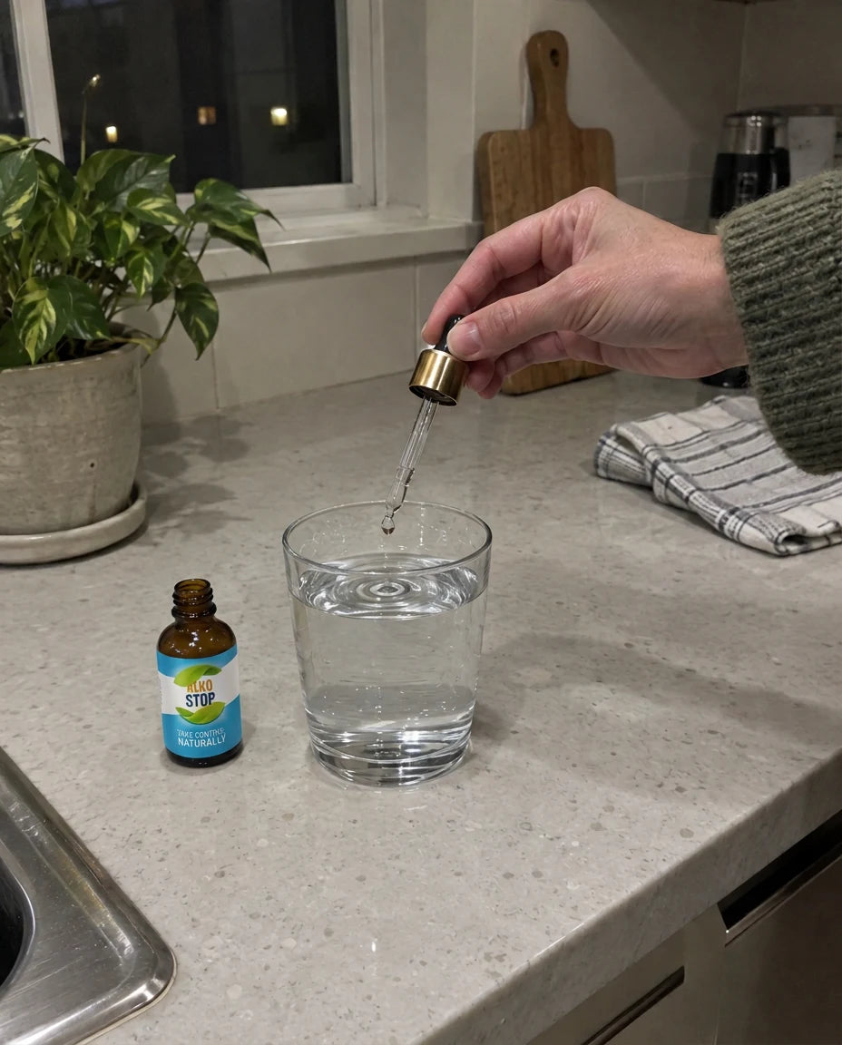 A hand squeezing a drop of AlkoStop into a glass of water, the open bottle resting on the counter beside it