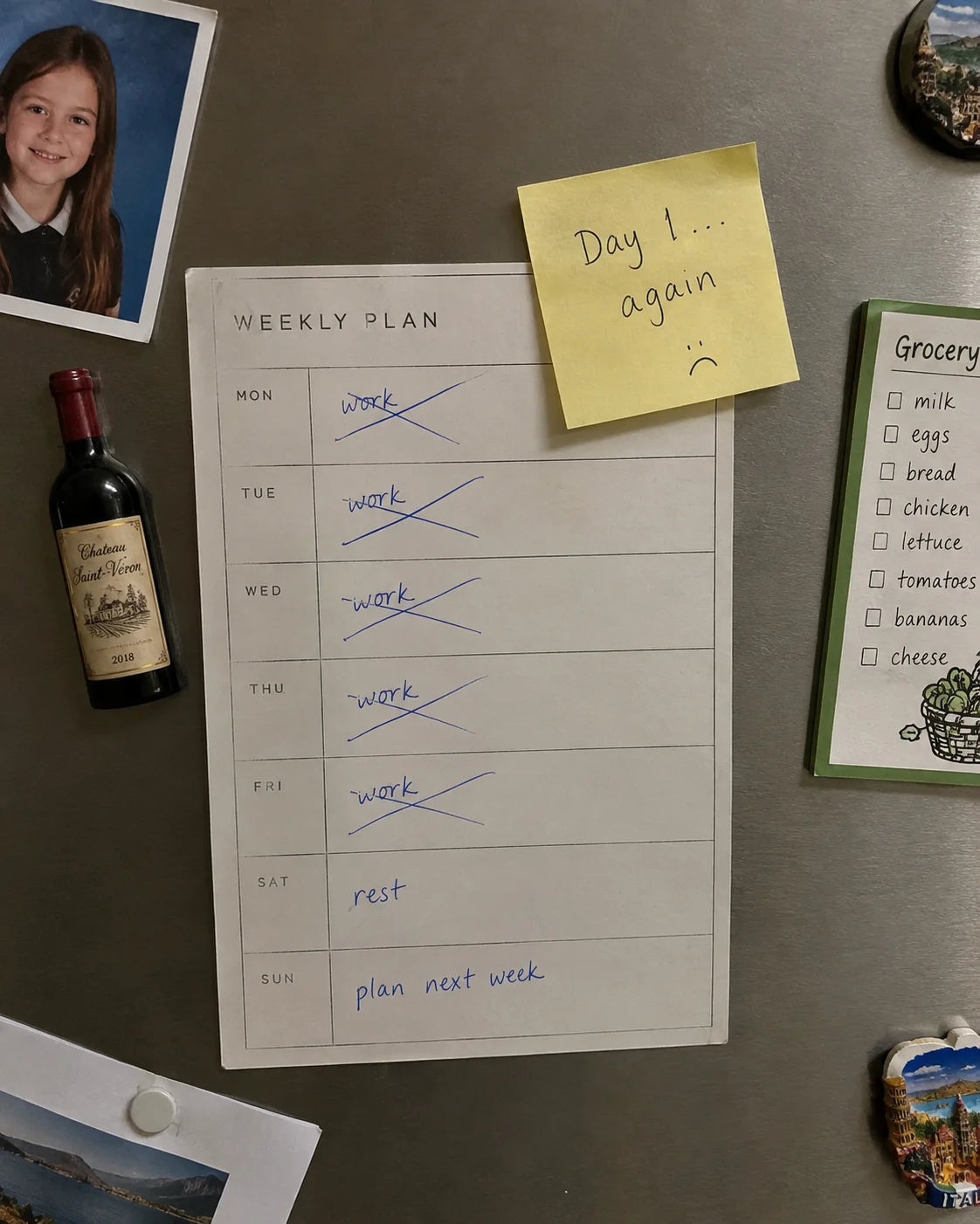 A kitchen calendar with crossed out work days and a sticky note reading Day 1 again