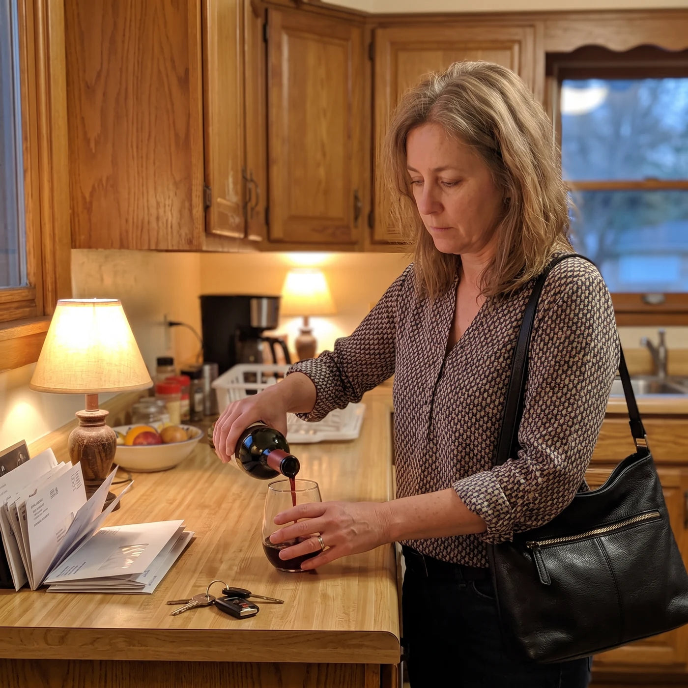 Woman still in her work clothes, bag on her shoulder, pouring a glass of red wine right after walking in the door