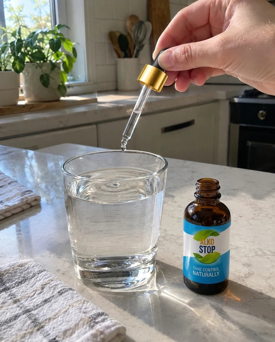 A hand using a dropper to add AlkoStop drops into a glass of water on a sunny kitchen counter