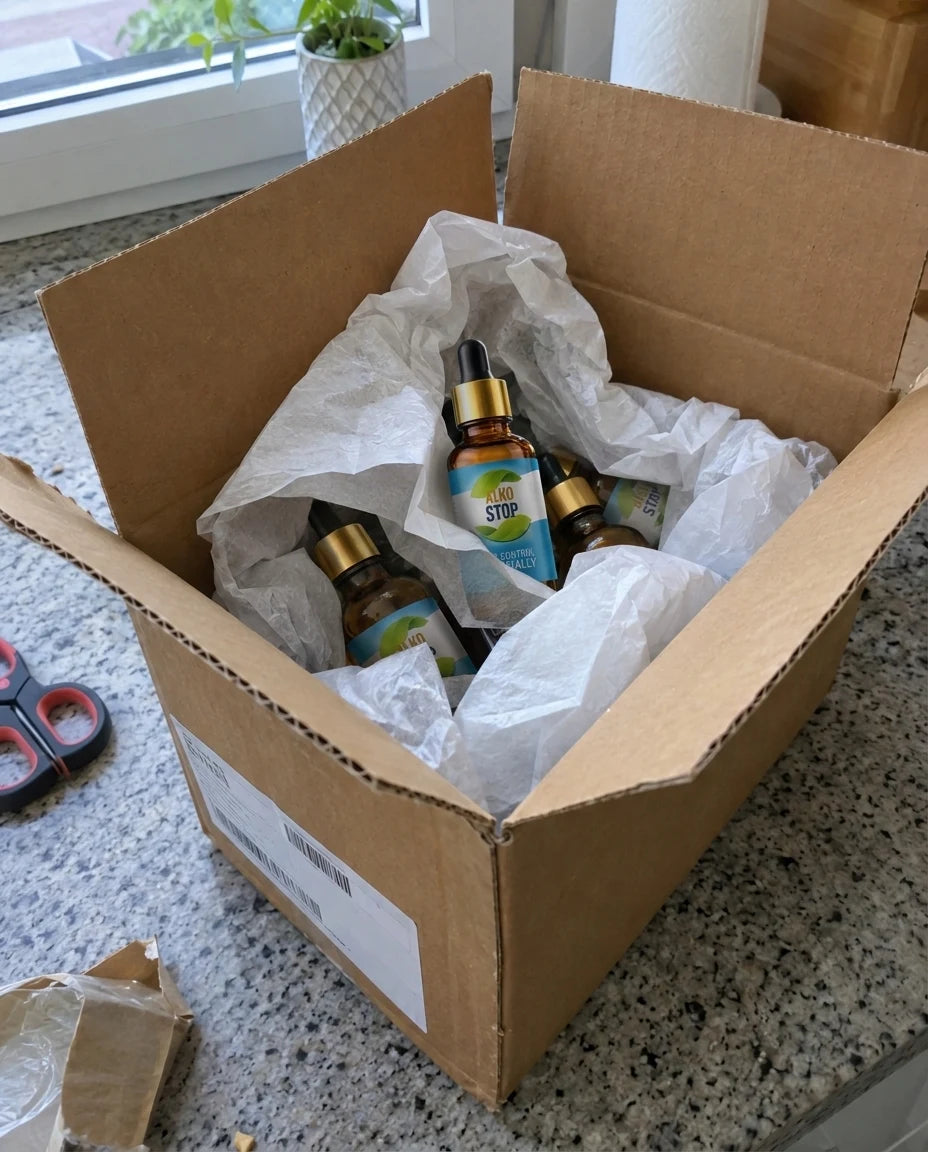 Shipping box partially open with bottles wrapped in tissue paper