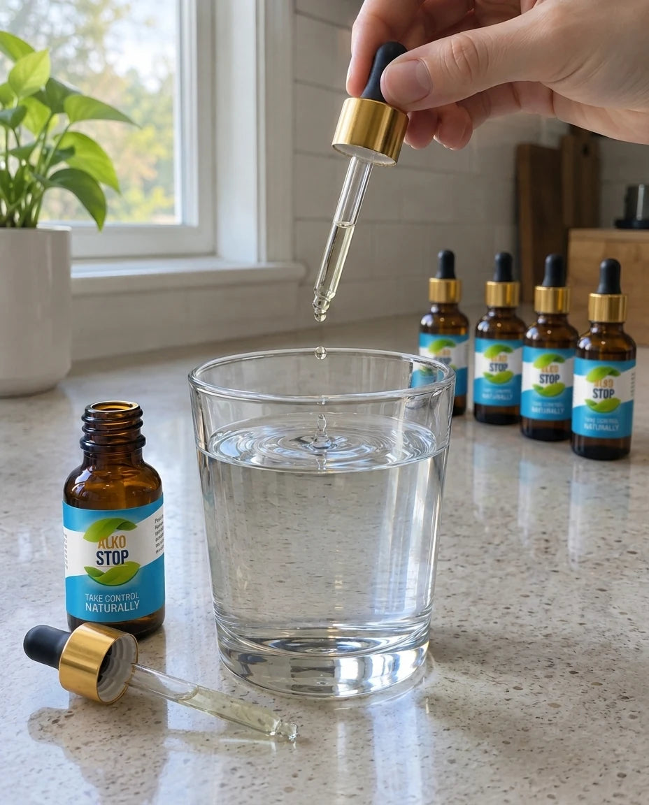 Dropper of AlkoStop going into a glass of water, bottles in background