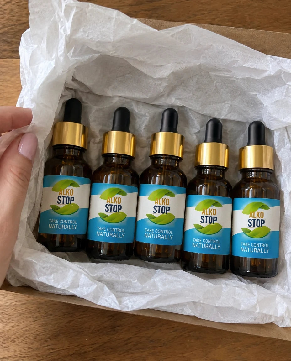 Five AlkoStop bottles revealed inside a shipping box