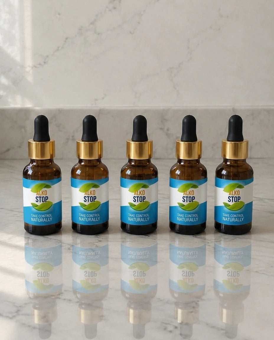 Five AlkoStop bottles lined up neatly on a countertop