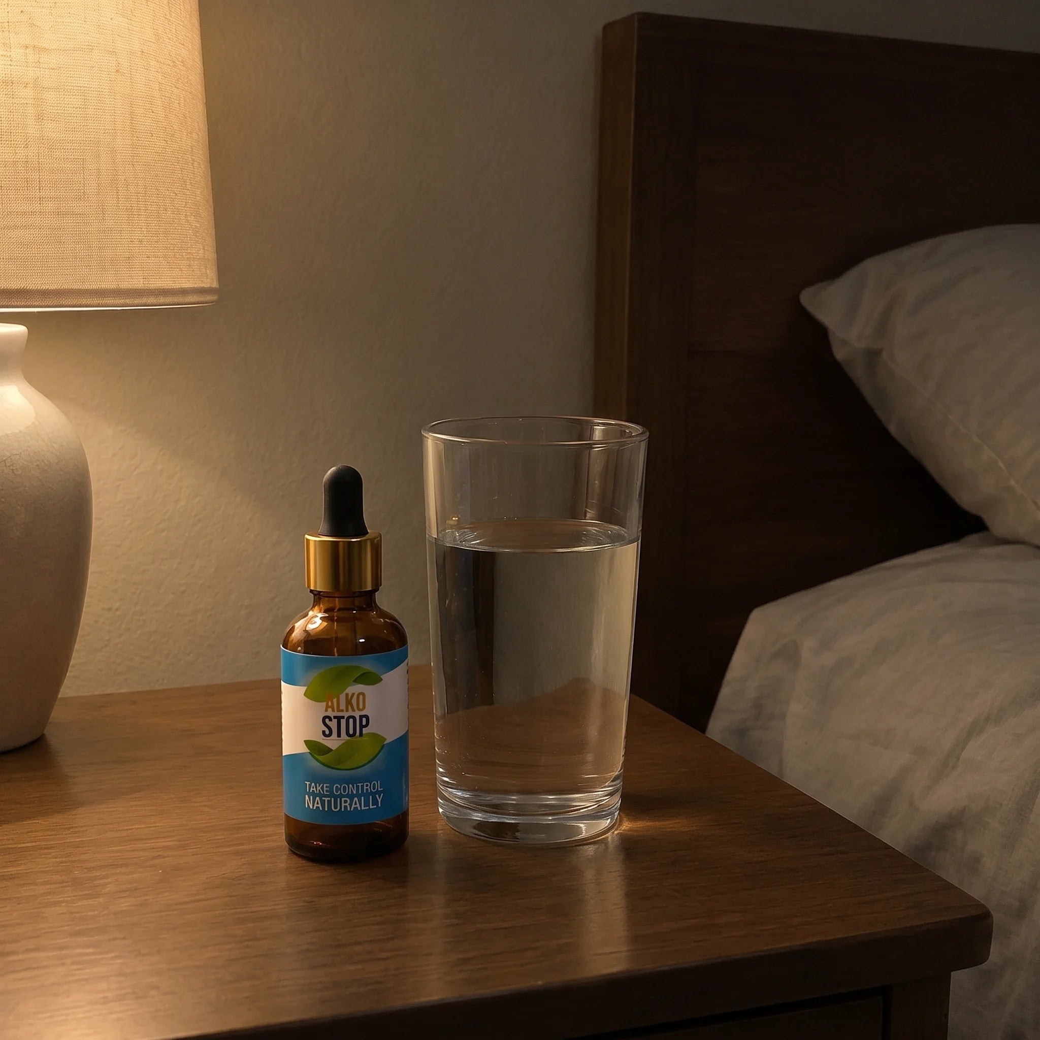A bottle of AlkoStop and a glass of water on a quiet, dimly lit nightstand