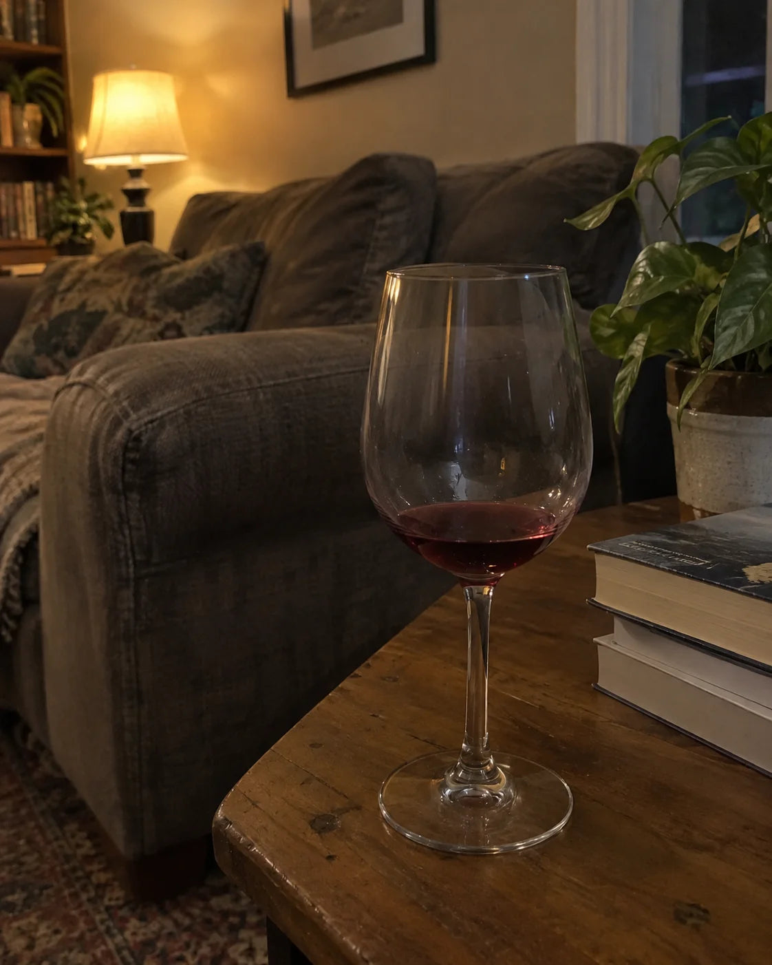 A glass of wine on a side table in a dim living room in the evening