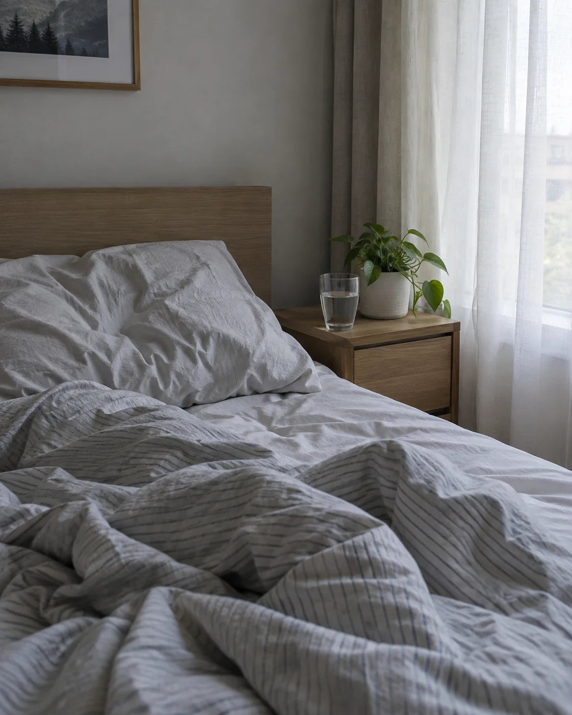 An unmade bed with a glass of water and a small plant on the nightstand in soft morning light