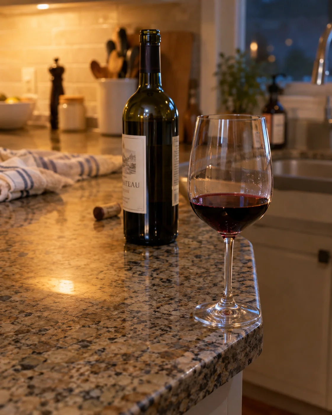 A wine glass and open bottle pushed to the edge of a kitchen counter
