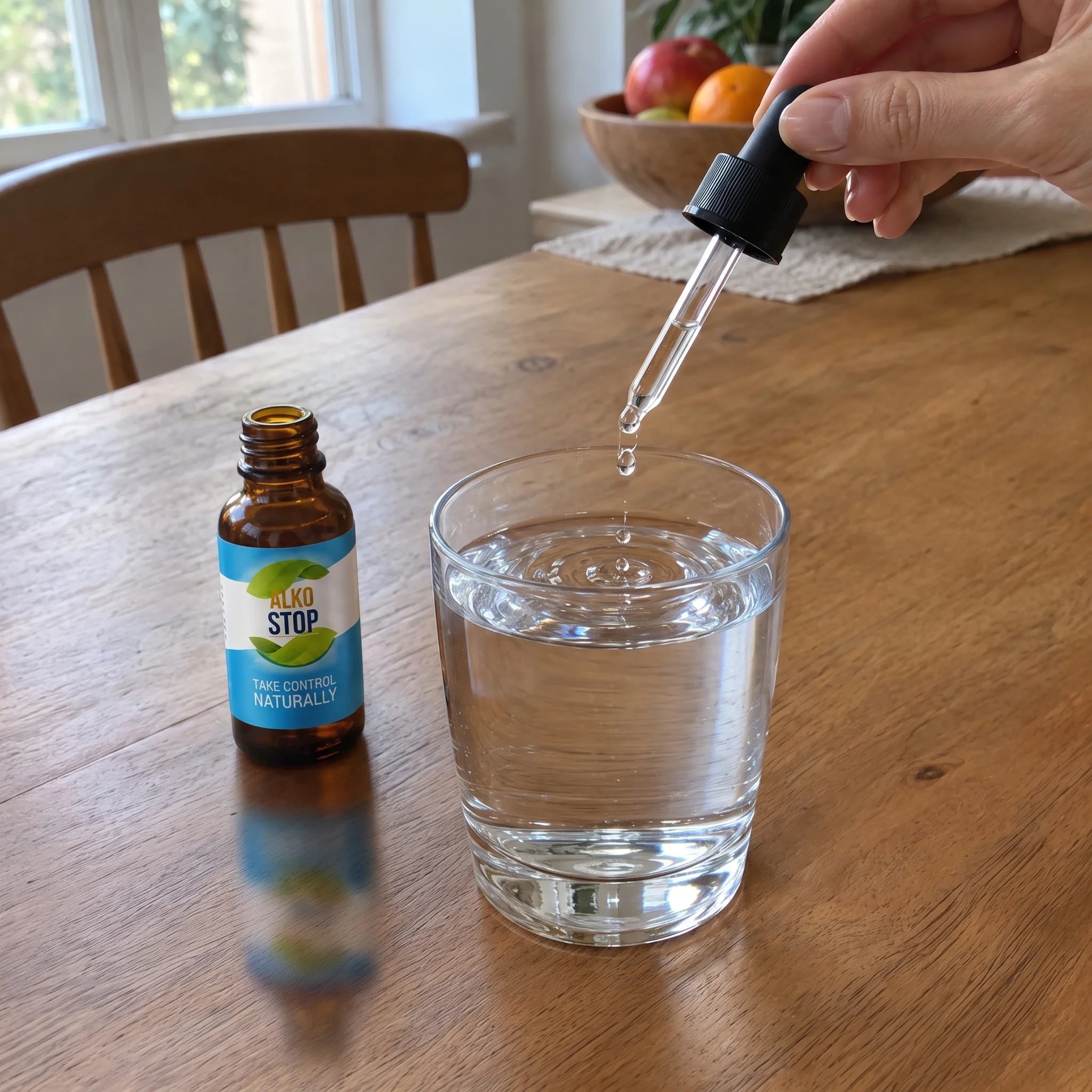 A hand adding a drop of AlkoStop into a glass of water on a wooden kitchen table
