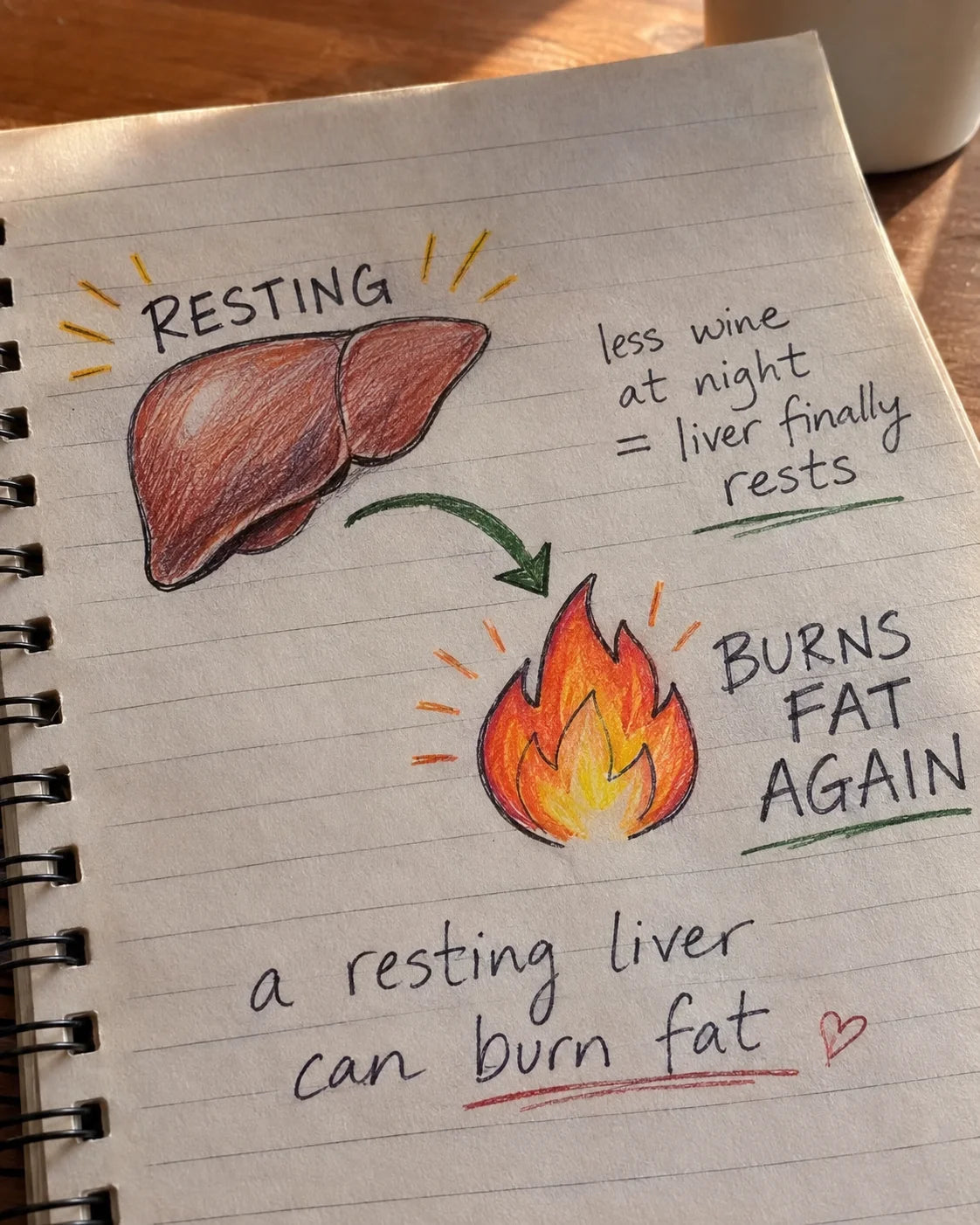 Hand-drawn journal diagram showing a resting liver leading to a flame labeled burns fat again