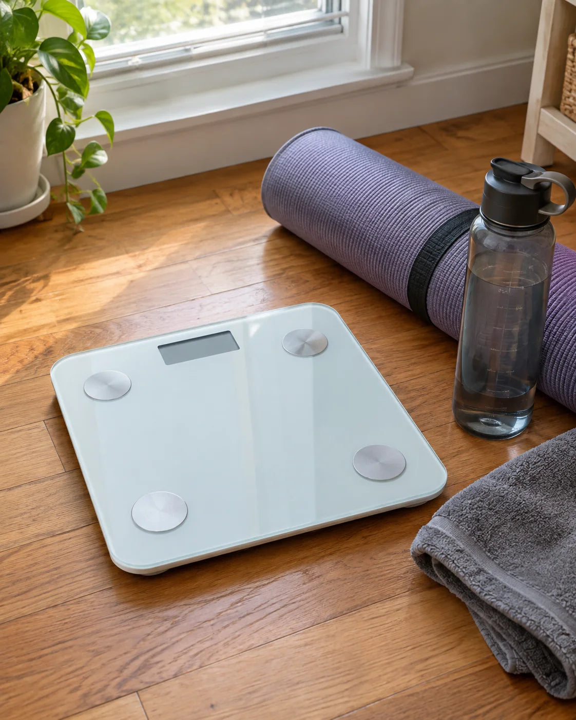 A bathroom scale on the floor next to a rolled yoga mat and water bottle