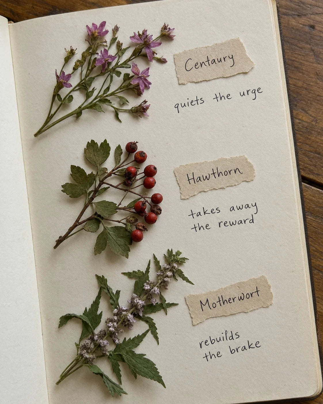 Centaury, hawthorn berry, and motherwort laid out on a table with handwritten labels