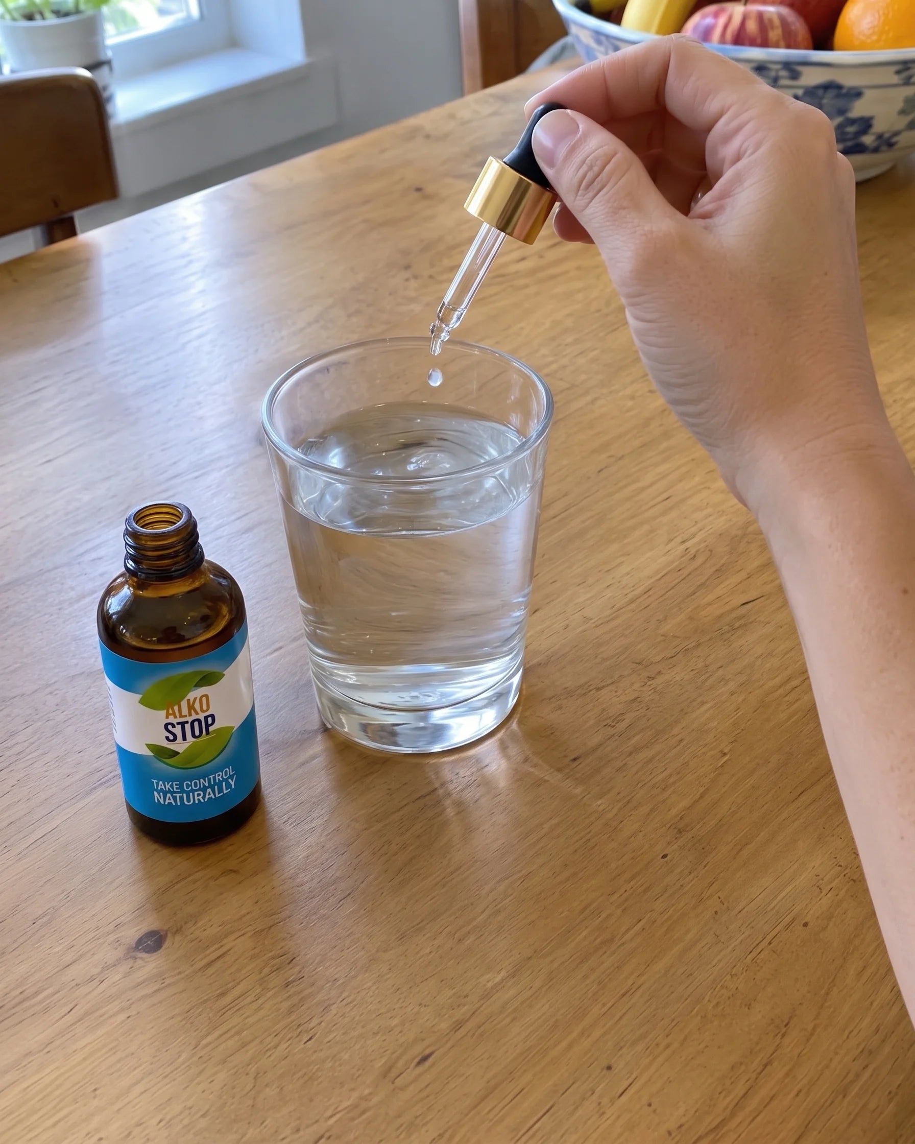 AlkoStop dropper bottle next to a glass of water on a kitchen table