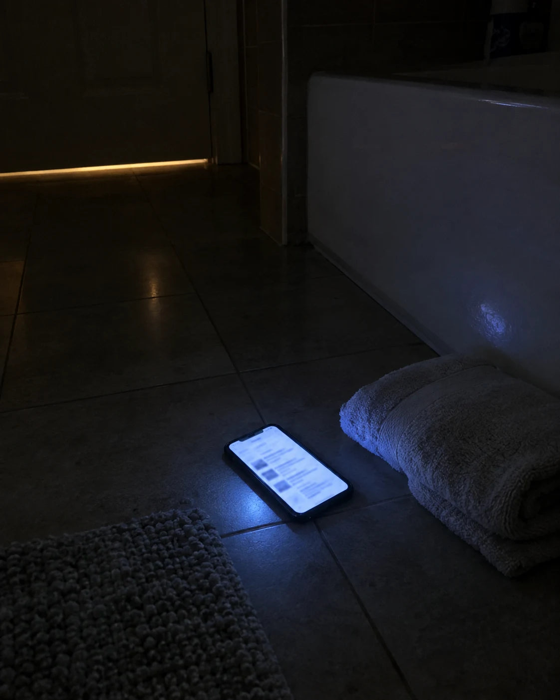 Phone lying on a bathroom floor at 2am, screen glowing beside a folded towel and the edge of a bathtub