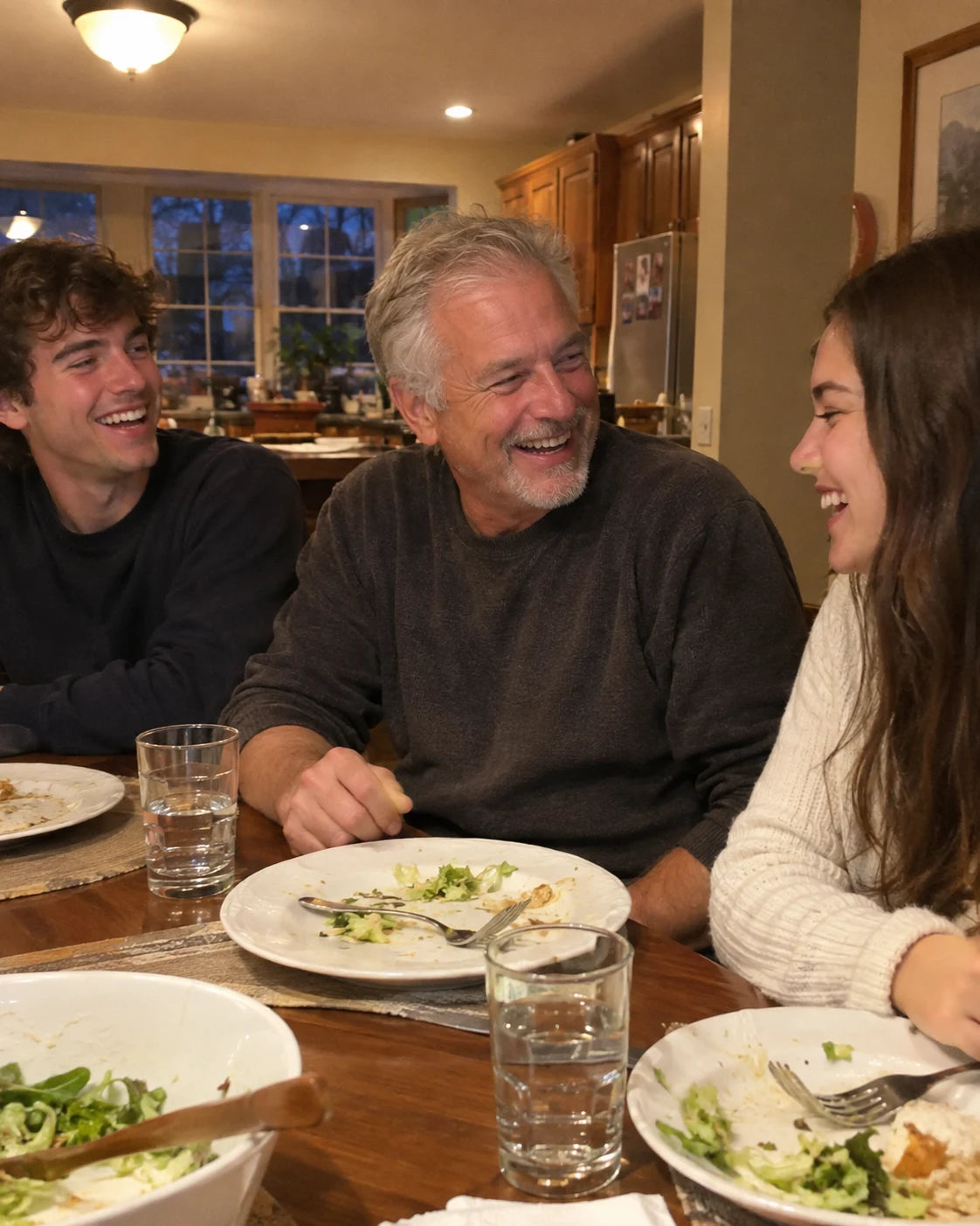 Man laughing with two adult children around a dinner table in warm evening light