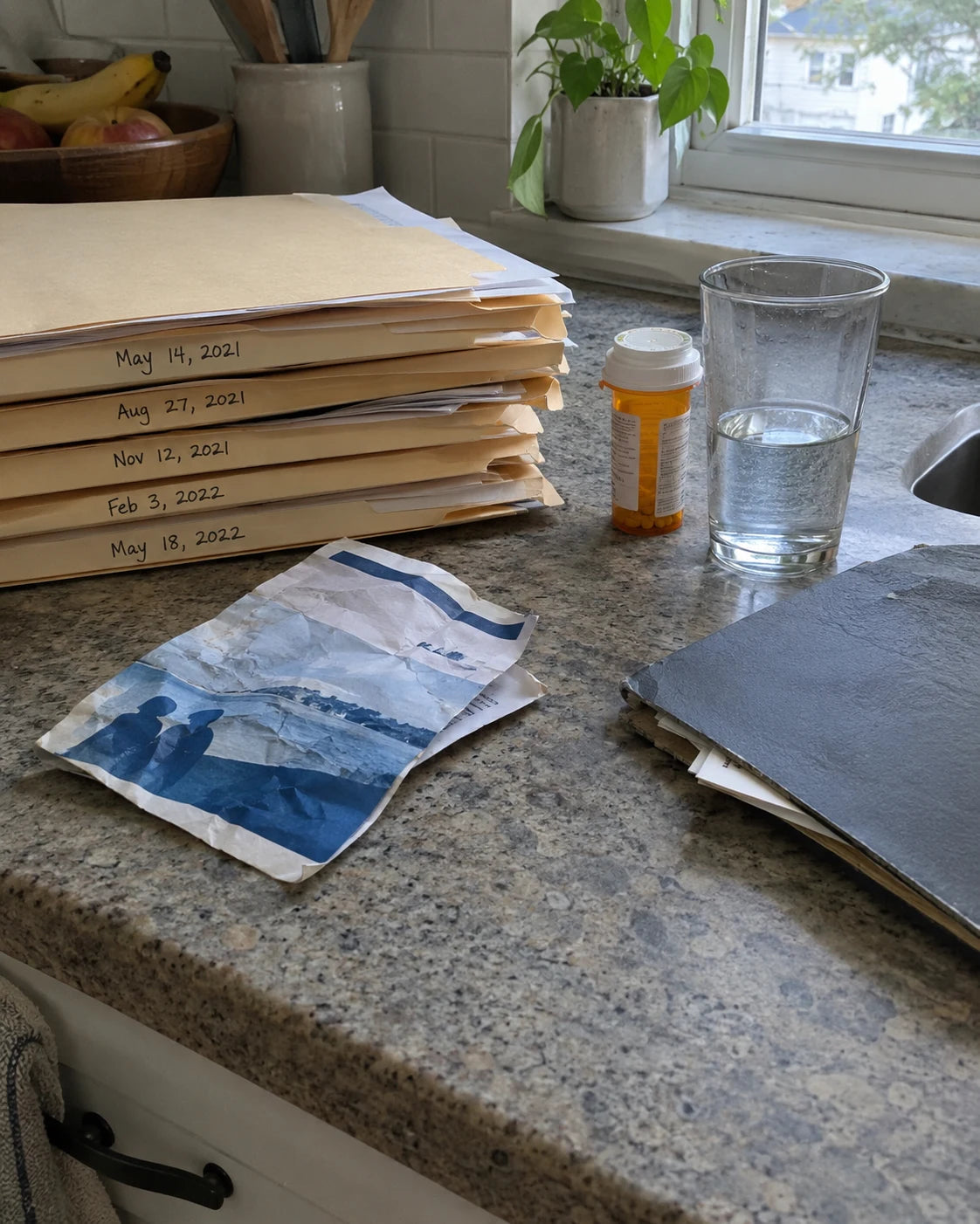 Kitchen counter with stacked therapy folders, an AA pamphlet, and a prescription bottle