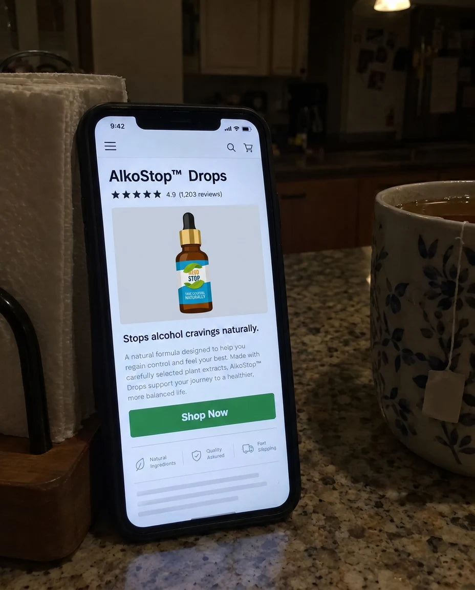 Phone propped on a kitchen counter at night, screen glowing with a search results page