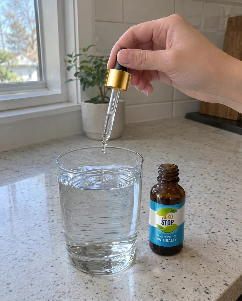 Hand holding an open AlkoStop dropper with a drop falling into a glass of water on a kitchen counter in morning light