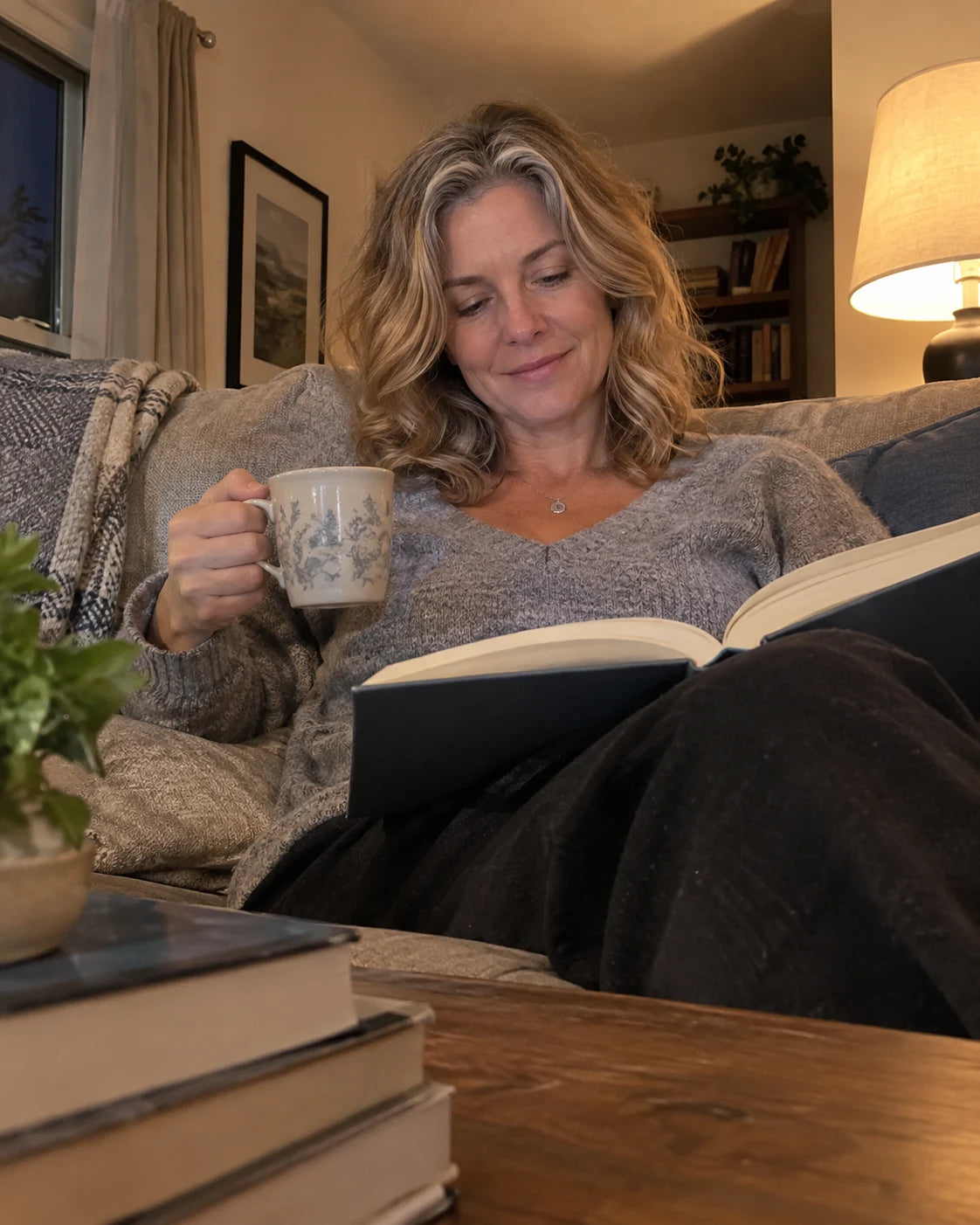Woman relaxed on her couch in the evening with tea and a book, no wine