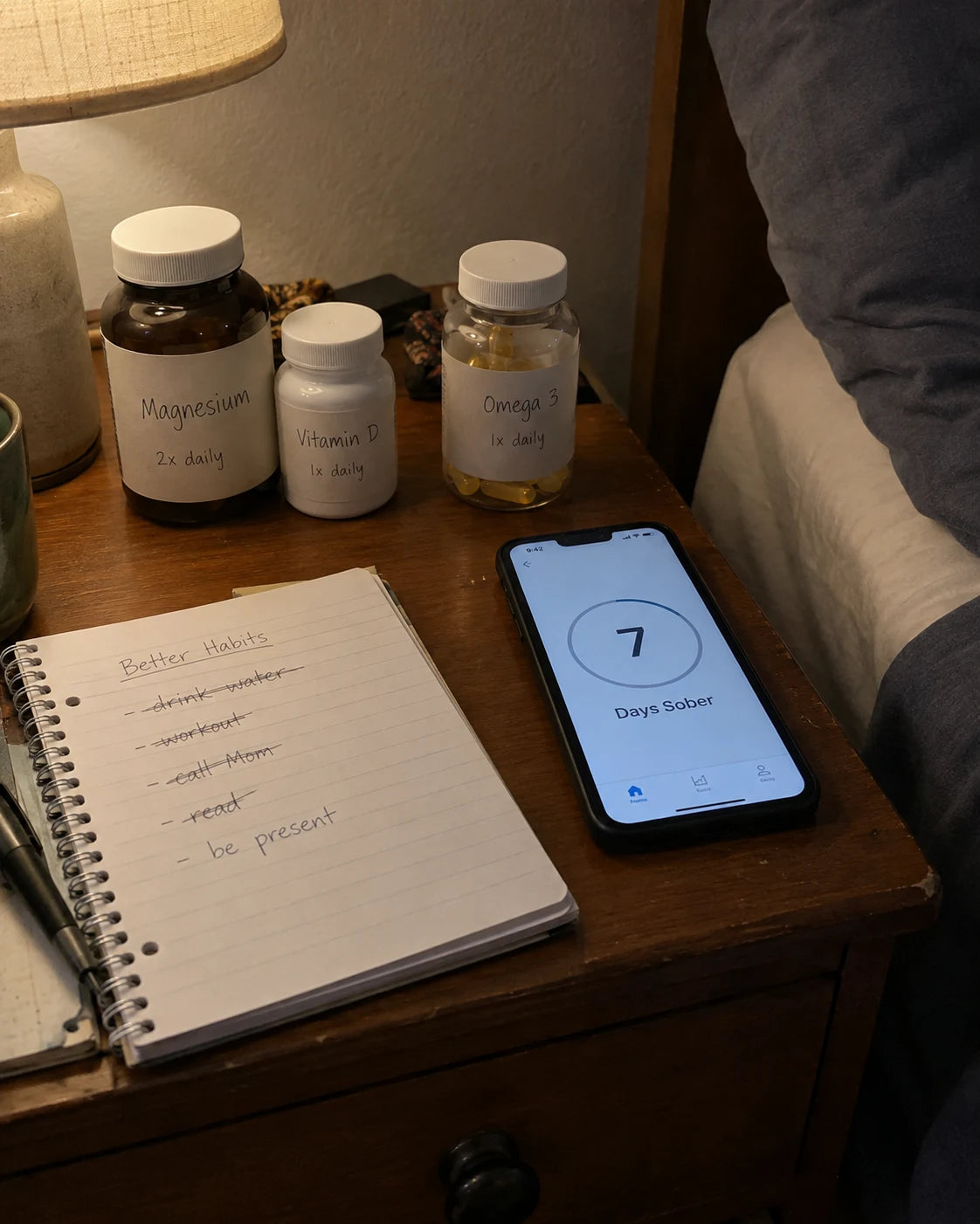 Nightstand with supplement bottles, a sobriety-tracking app on a phone, and a notebook of crossed-out notes