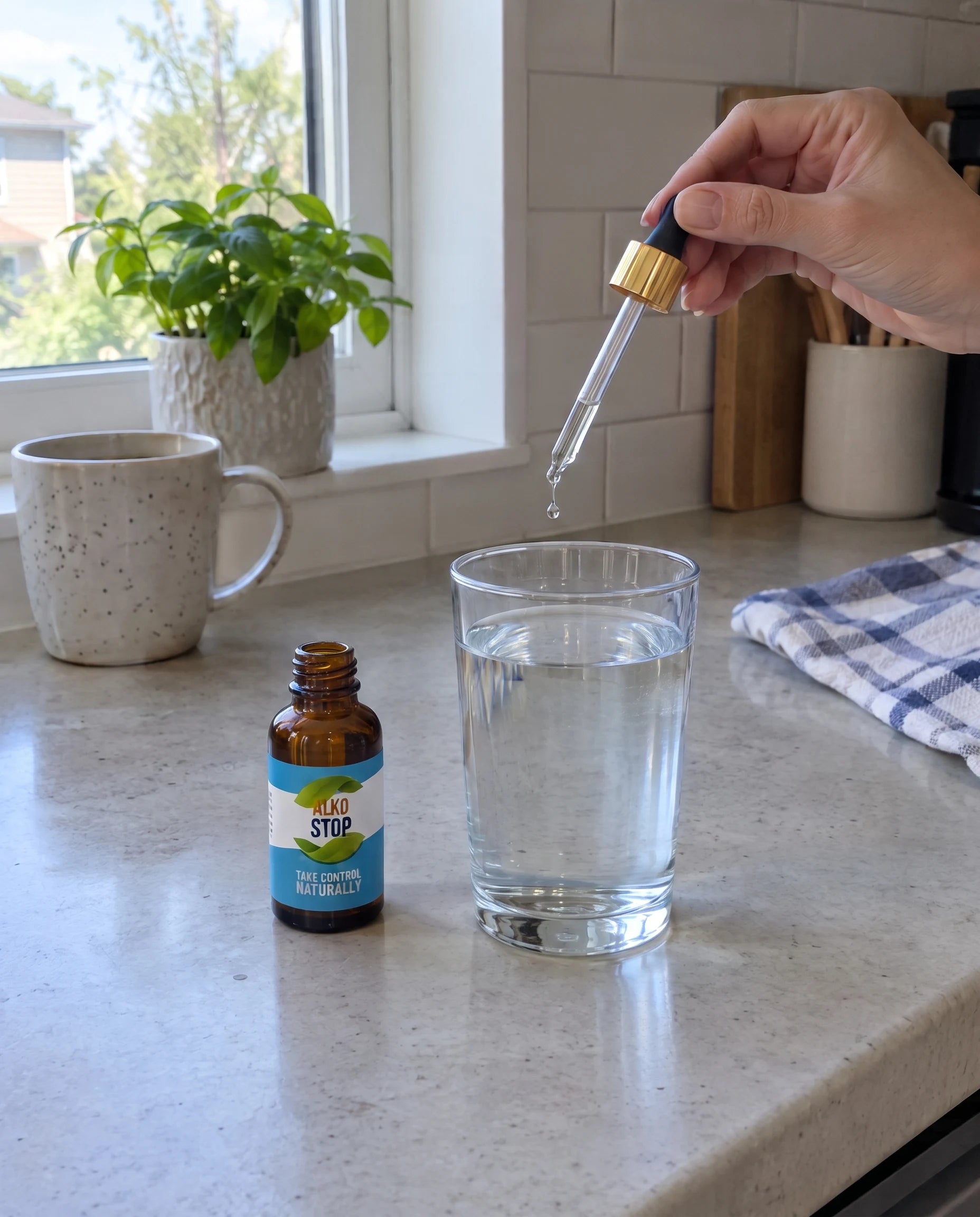 Hand holding an AlkoStop dropper over a glass of water in a morning kitchen