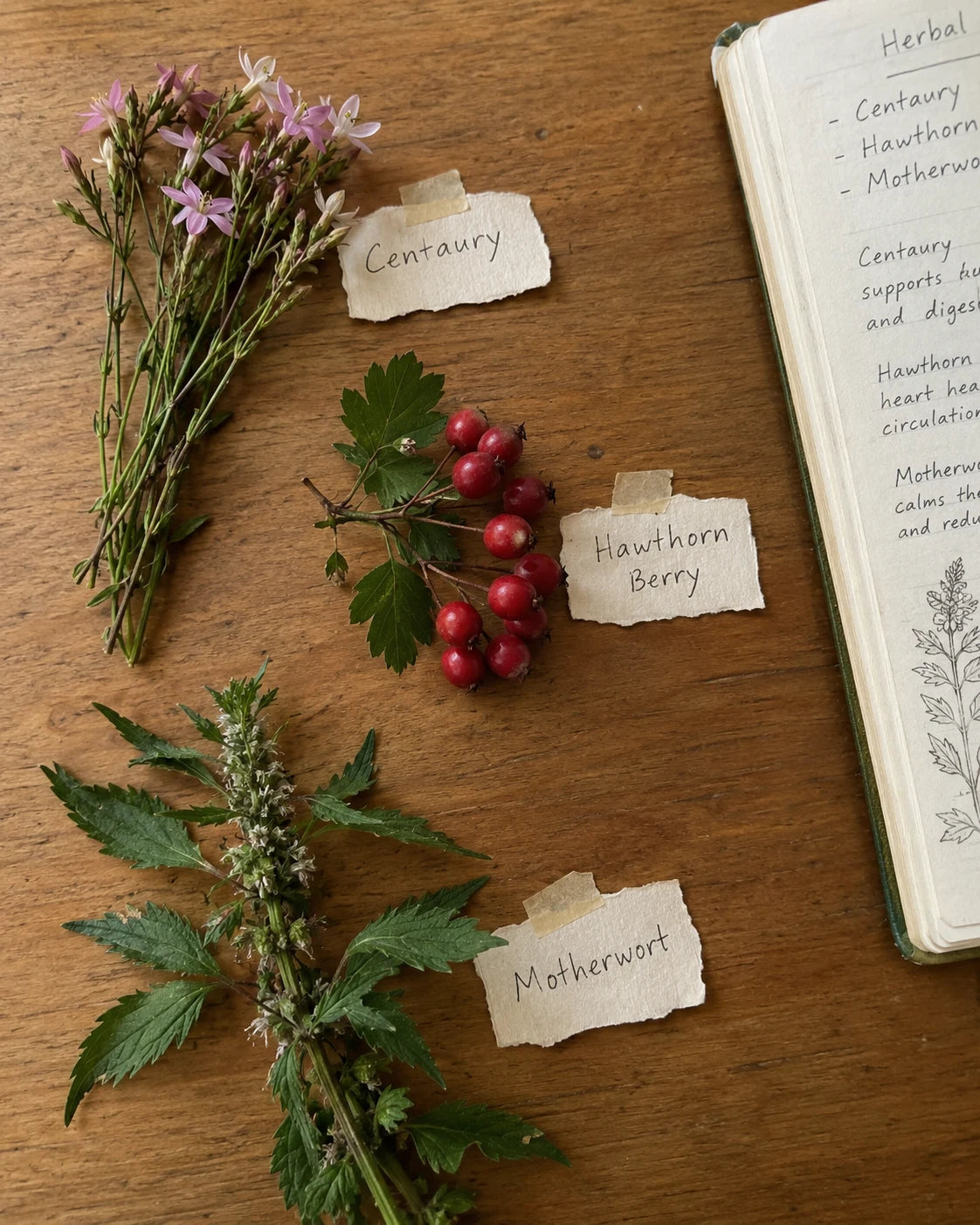 Centaury, Hawthorn Berry, and Motherwort herbs laid out with handwritten labels