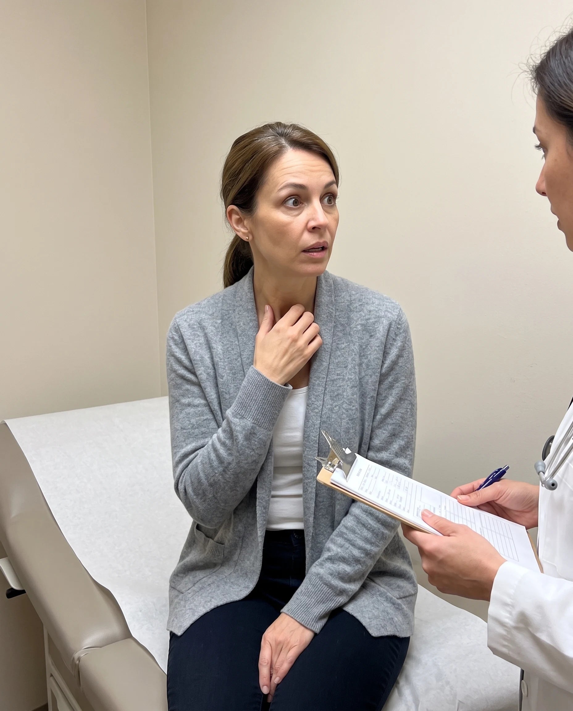 A woman sitting on an exam table, listening to her dermatologist