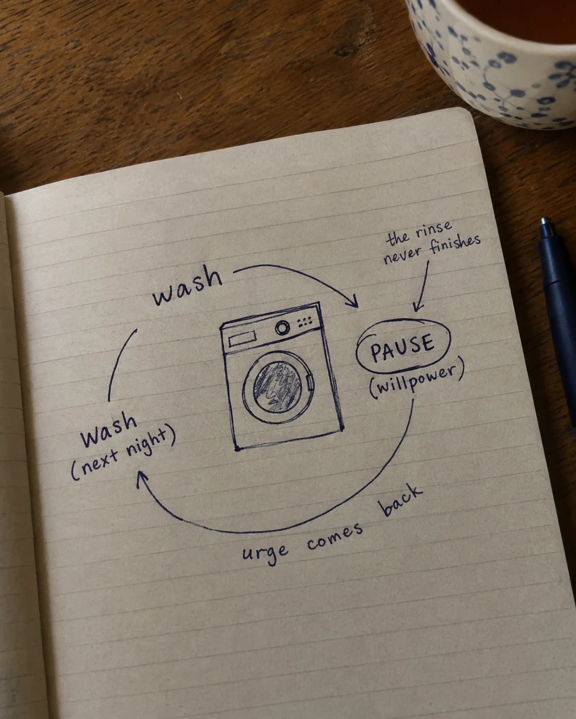 Handwritten notebook diagram of a washing machine cycle paused before the rinse, labeled wash, pause willpower, urge comes back