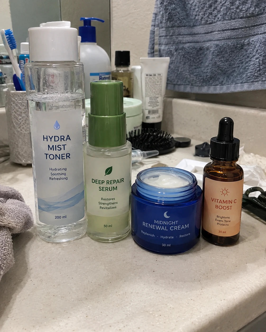 A cluttered bathroom counter covered in half-used skincare bottles, jars of night cream, and serums