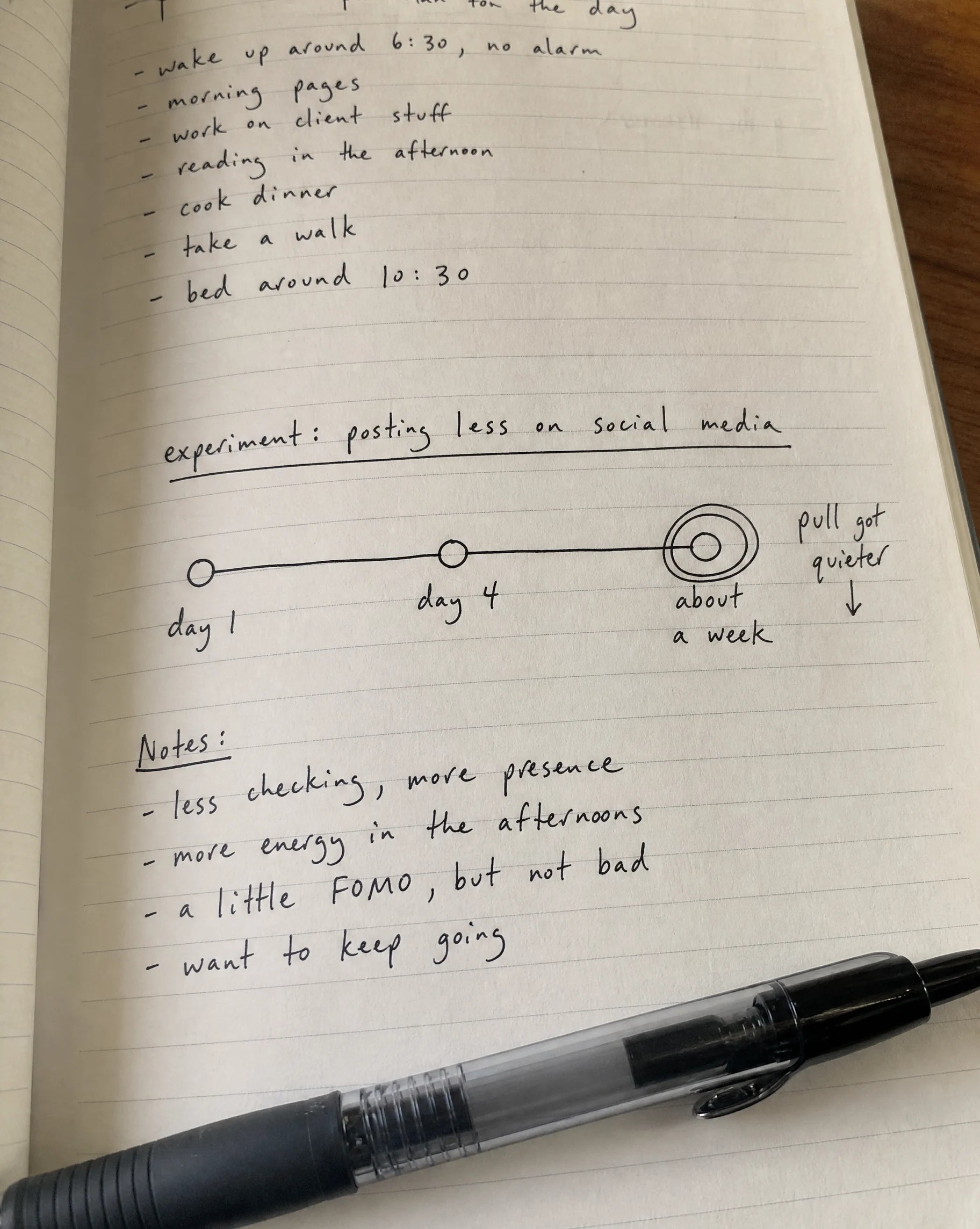Handwritten notebook timeline showing day 1, day 4, and about a week, with a note reading pull got quieter