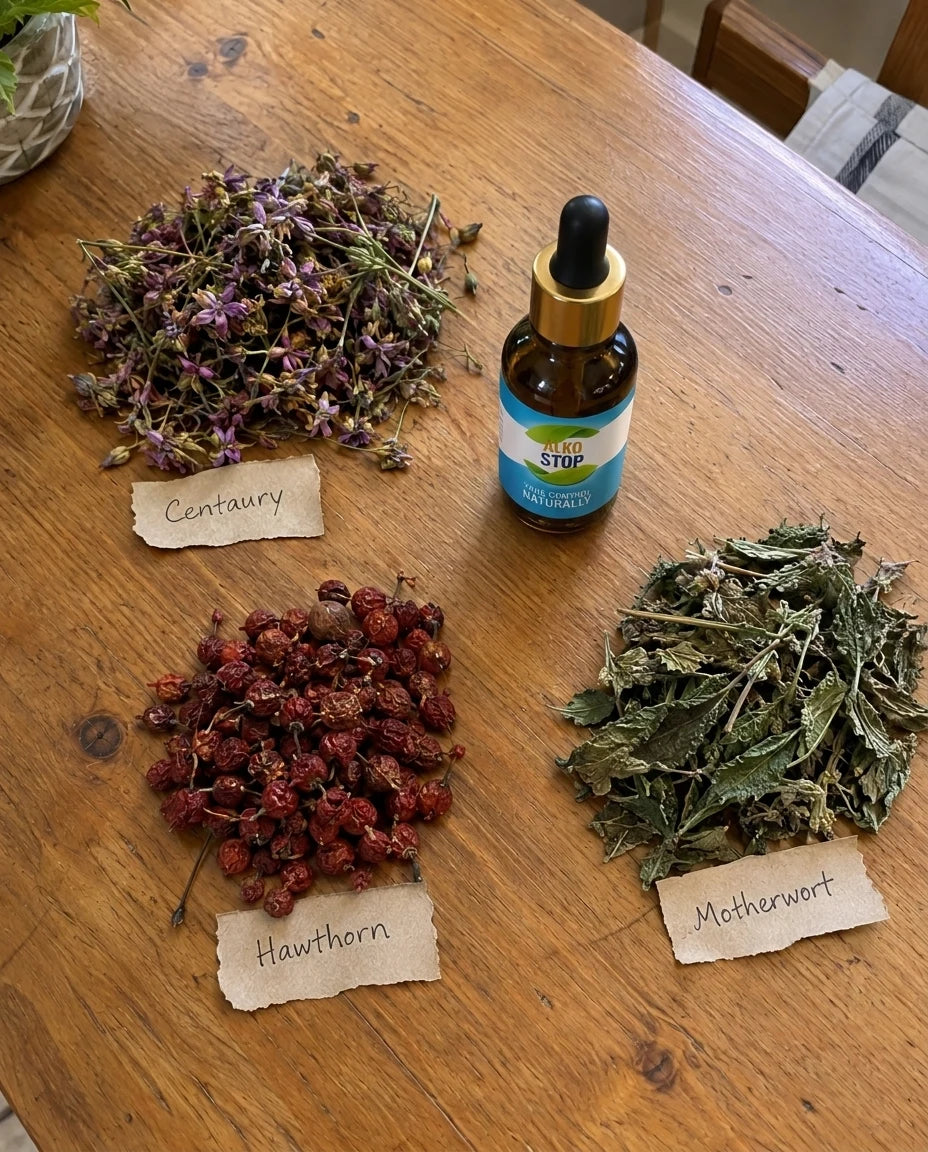 Centaury, Hawthorn, and Motherwort laid out with handwritten tags around the AlkoStop bottle