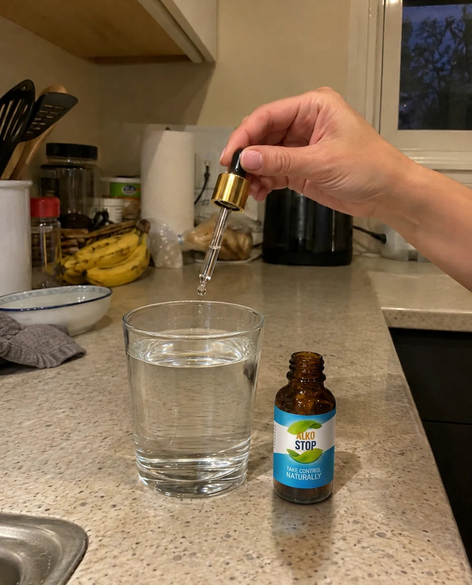 AlkoStop open bottle and dropper next to a glass of water on a kitchen counter