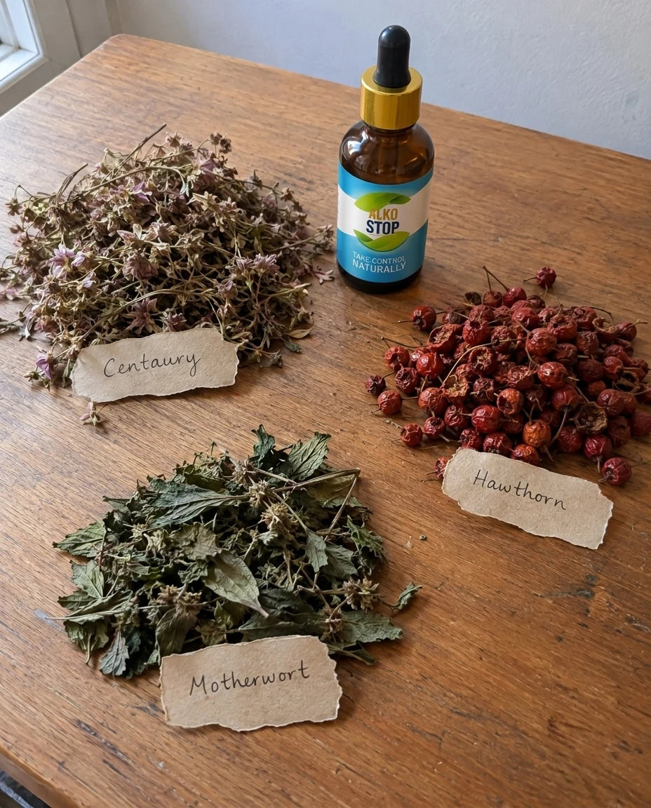 Centaury, Hawthorn, and Motherwort laid out with handwritten tags around the AlkoStop bottle