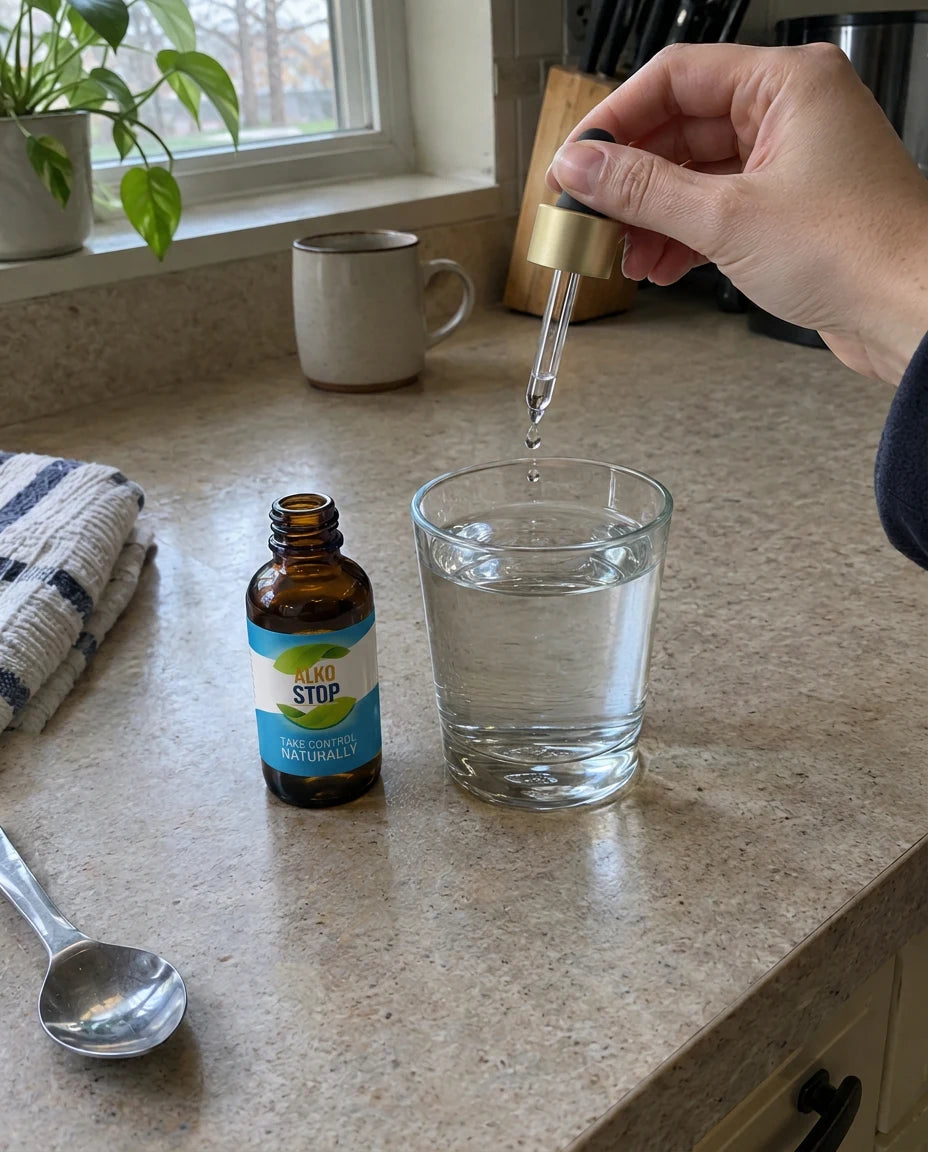The AlkoStop dropper bottle on a kitchen counter next to a glass of water in the morning light
