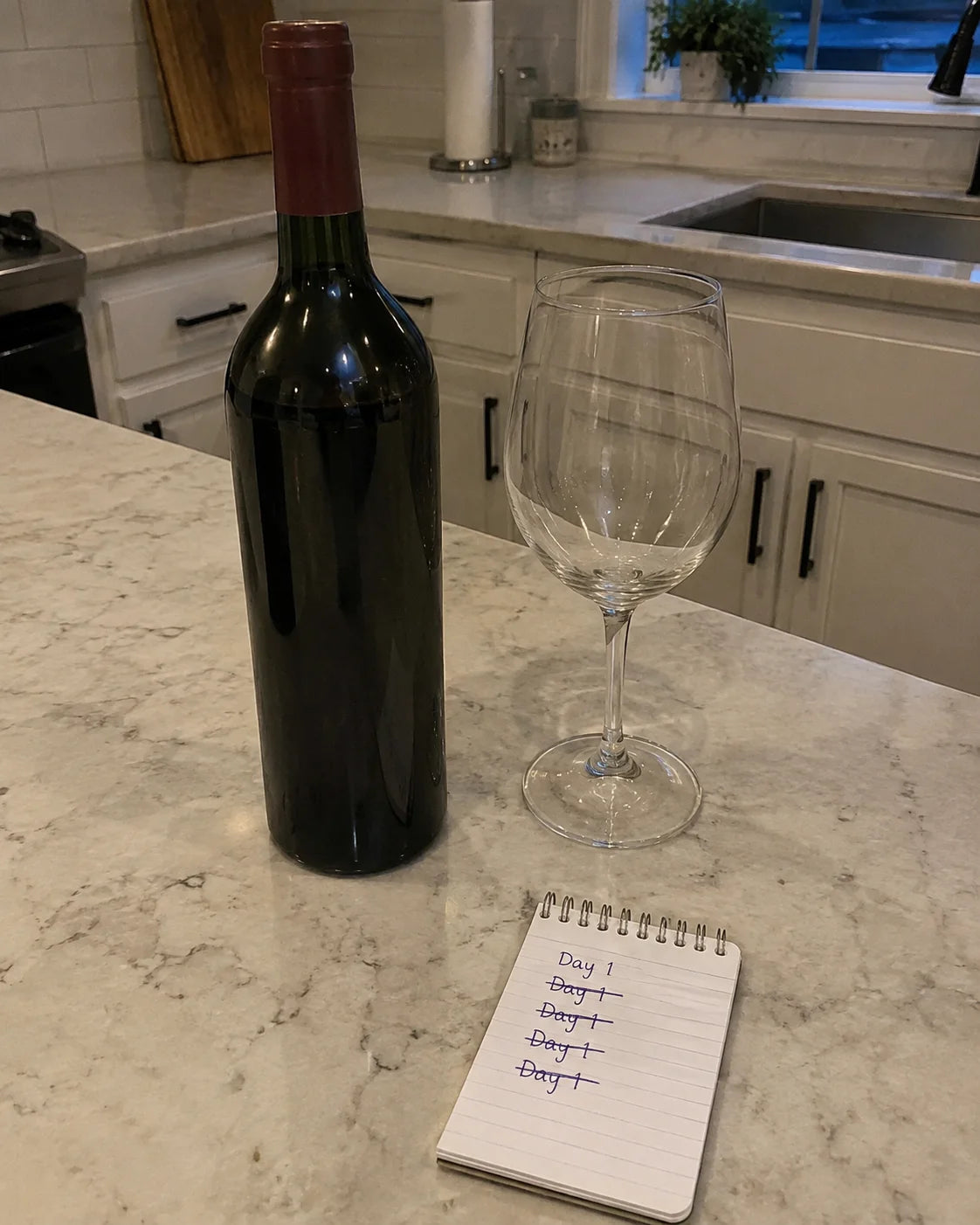 An untouched wine bottle and glass next to a notepad with Day 1 handwritten and crossed out several times