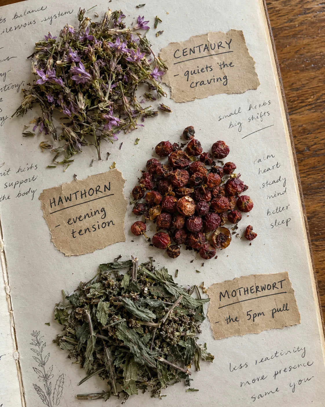 Journal page with real dried Centaury, Hawthorn, and Motherwort laid out and labeled by job