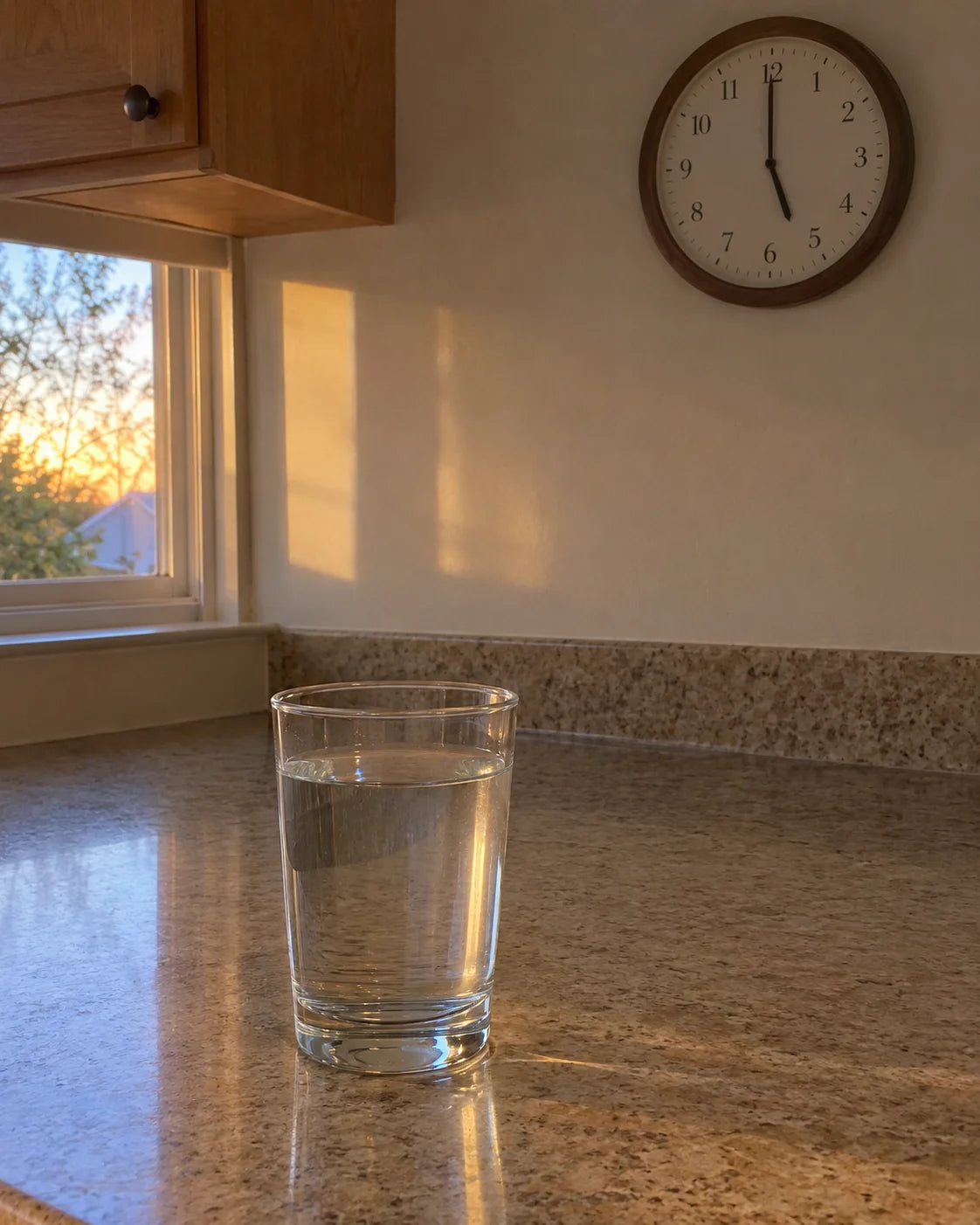 A plain glass of water on a kitchen counter at 5 o'clock, a wall clock visible in the background