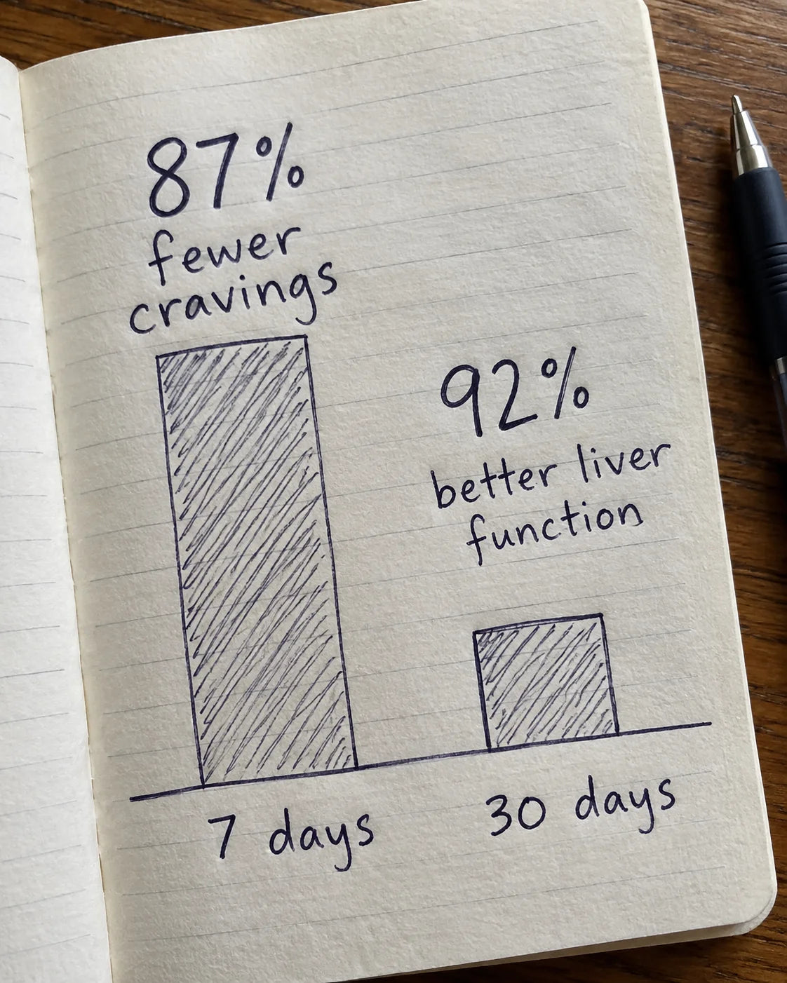 Journal page with a hand-drawn bar chart showing 87 percent fewer cravings in 7 days and 92 percent better liver function in 30 days