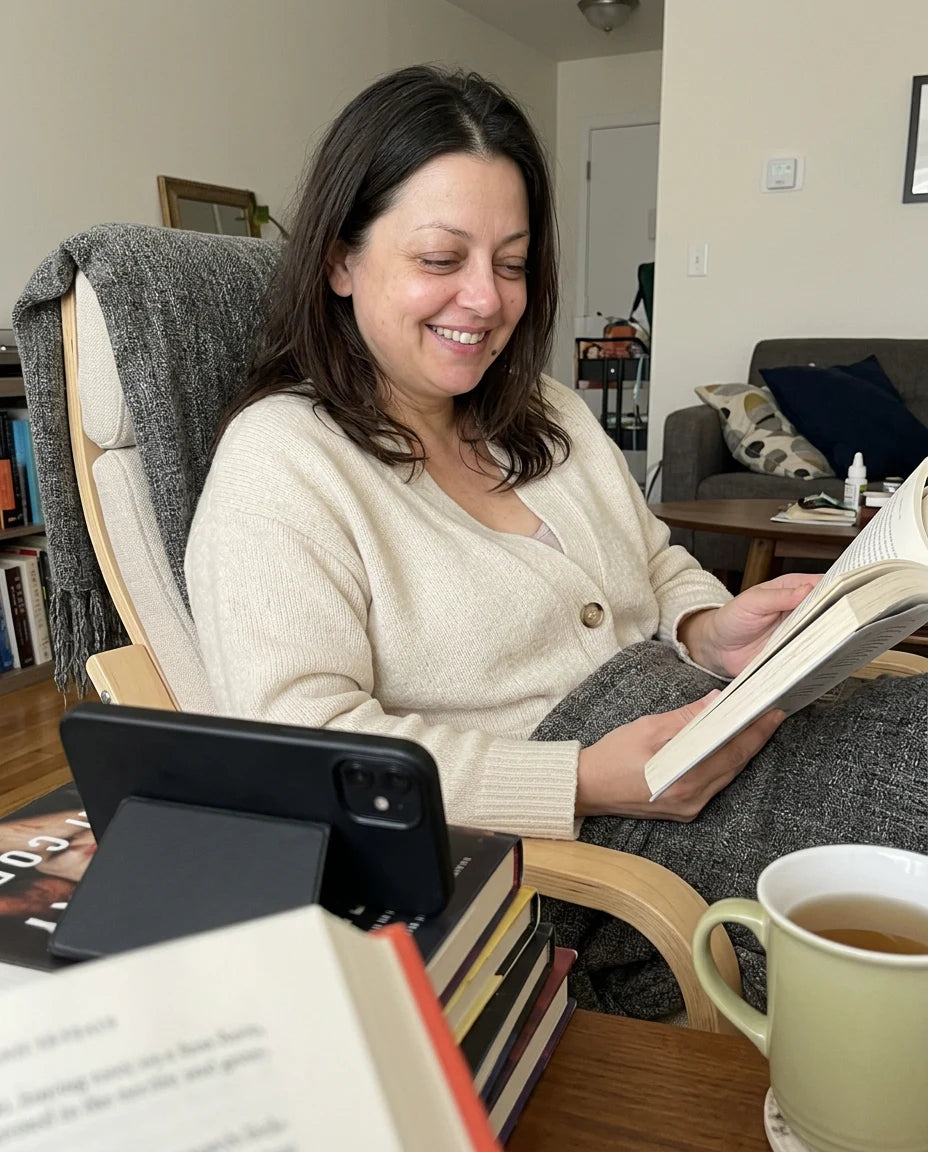 Woman relaxed in a reading chair at home with a book and tea
