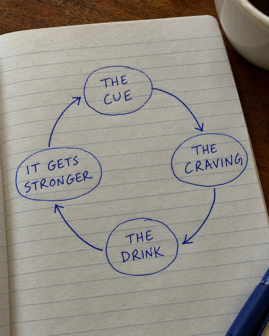 Hand-drawn journal diagram of the craving loop: the cue, the craving, the drink, it gets stronger