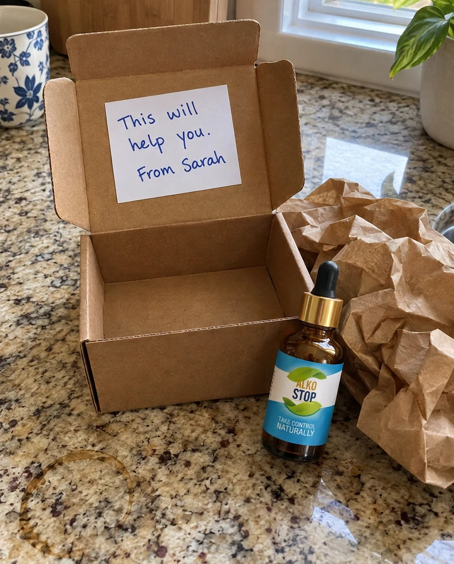 A small open gift box with a handwritten sticker reading This will help you, from Sarah, next to an AlkoStop dropper bottle