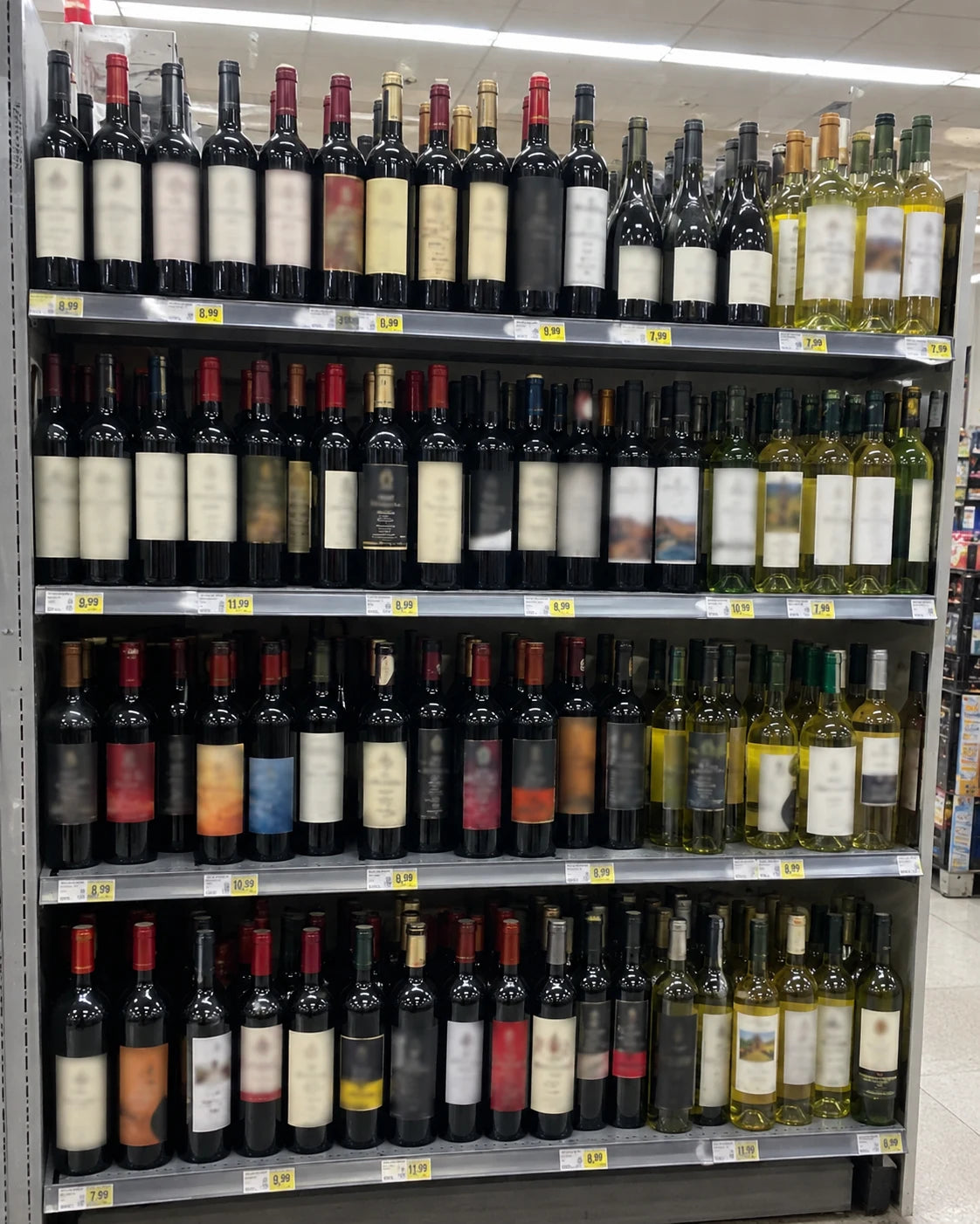 Wine bottles lined up on a grocery store shelf with price tags