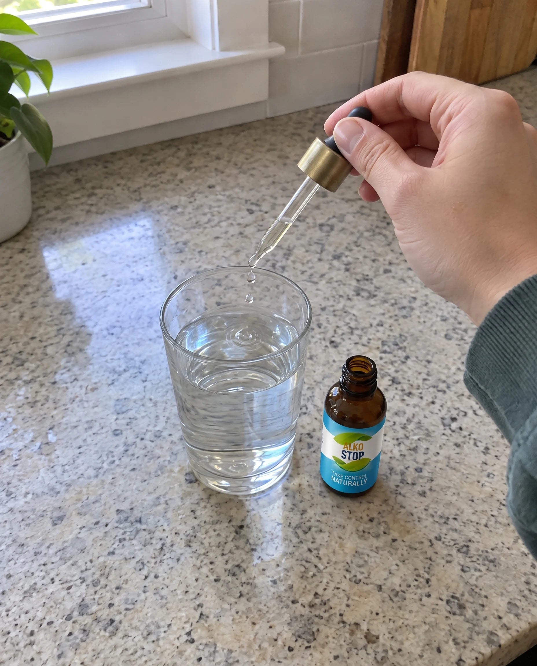 The AlkoStop dropper bottle resting on the counter next to a glass of water, with a dropper adding a drop into the water