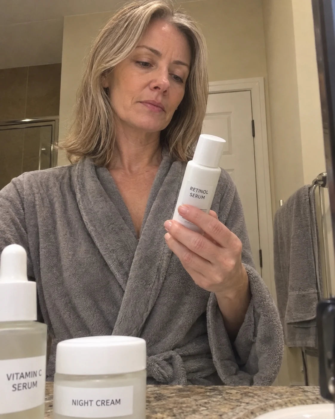 Woman in a bathroom picking up a skincare bottle