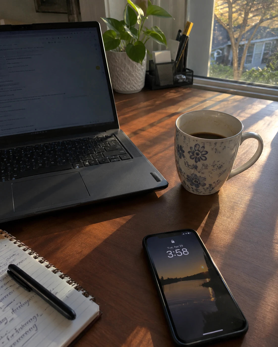 A home desk in late afternoon light with a laptop, a coffee mug, and a phone showing 3:58pm
